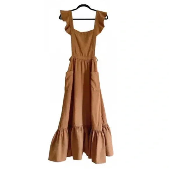 Doen Pennisula Dress Pinafore Elegant Tan/Pumpkin color with Pockets ruffles VGC - Picture 13 of 14